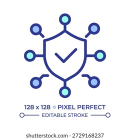 Data protection pixel perfect line color icon. Network security, data system. Verified connection. Check mark. Isolated vector illustration. Flat colorful symbol design. Editable stroke