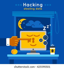 Data protection poster with description of protected computer in a sleepy mode and title hacking stealing data vector illustration