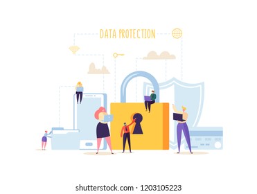 Data Protection Privacy Concept. Confidential and Safe Internet Technologies with Characters Using Computers and Mobile Gadgets. Network Security. Vector illustration