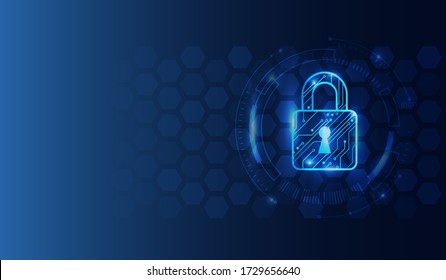 Data protection privacy concept. Futuristic padlock icon and internet technology networking connection. Cyber security internet and networking concept. Abstract circuit board on the blue background.