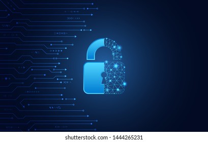 Data protection privacy concept. Padlock icon and internet technology networking connection. Cyber security internet and networking concept. Abstract circuit board. 
