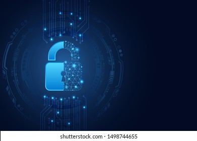Data protection privacy concept. Padlock icon and internet technology networking connection. Cyber security internet and networking concept. Abstract circuit board.