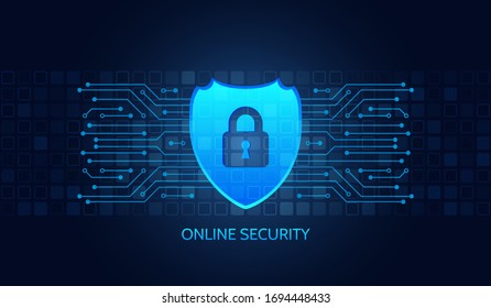 Data protection privacy concept. Shield icon and internet technology networking connection. Cyber security internet and networking concept. Hi-tech vector illustration. Abstract circuit board.