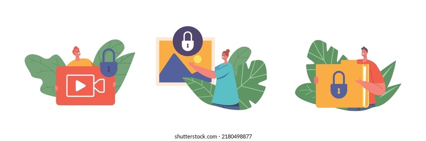 Protección de datos, concepto de privacidad. Pequeños caracteres con inmensos archivos de video, foto y documento con Padlock. Información segura para el perfil de Internet o Seguridad Web de cuentas. Ilustración del vector de dibujos animados