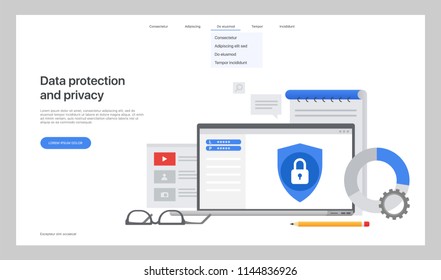 Data protection and privacy. Design of the main page of the site. Vector illustration for web sites, creating pages in mobile applications and presentations. Easy to edit