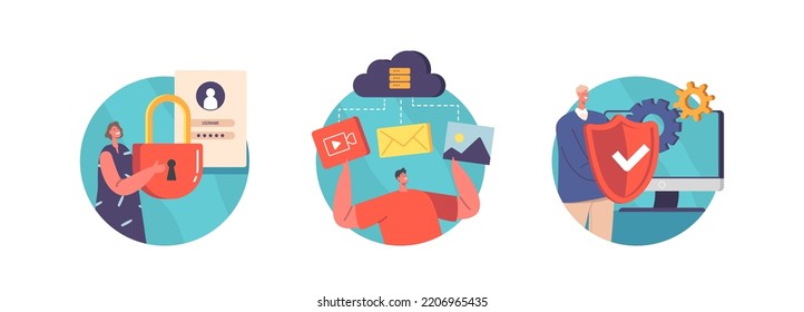 Data Protection, Privacy Isolated Icons or Avatars. Characters with Video, Photo and Document Files and Padlock. Secure Information, Internet Profile or Account Security. Cartoon Vector Illustration
