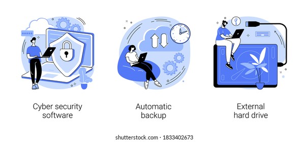 Data protection and recovery abstract concept vector illustration set. Cyber security software, automatic backup, external hard drive, mobile phone synchronization, storage hdd abstract metaphor.