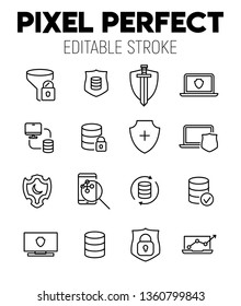 Data protection related vector icon set. Well-crafted sign in thin line style with editable stroke. Vector symbols isolated on a white background. Pixel perfect. Editable stroke.
