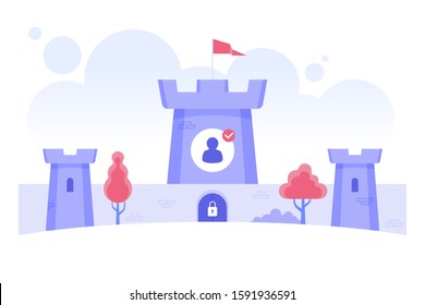 Data protection. Safe cyber space concept with castle, clouds and server racks. Computer online network and internet security. Antivirus, spyware, malware. Vector illustration in flat style