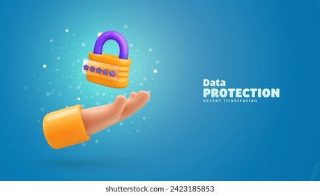 Protección de datos, información segura, datos de cifrado, red de protección, cuenta de privacidad. La seguridad digital amarilla se cierne sobre la mano humana. Padlock con diseño de dibujos animados con contraseña sobre fondo azul.