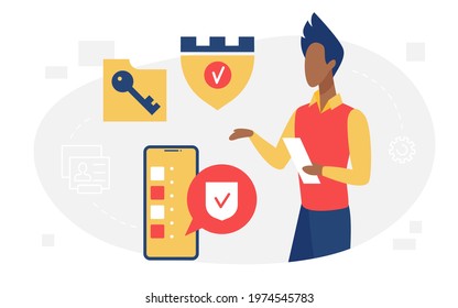 Data protection, safe network concept vector illustration. Cartoon man character holding smartphone and networking, standing with big phone, safety shield and key to protect access isolated on white