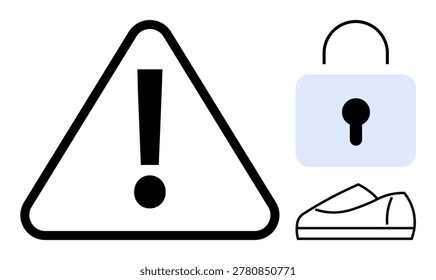 Data protection, safety alert, cybersecurity, cautionary measures, online security, access restriction. Triangle warning sign, padlock shoe image. Security alert and data protection concept