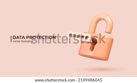 Data protection, safety, encryption, protection, privacy concept. Realistic 3d design of padlock, lock with password. The personal data protection. Vector illustration in cartoon minimal style.