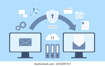 Data protection, safety in internet. Mail and personal data safe, digital security service. Cloud working process, send information recent vector flat scene