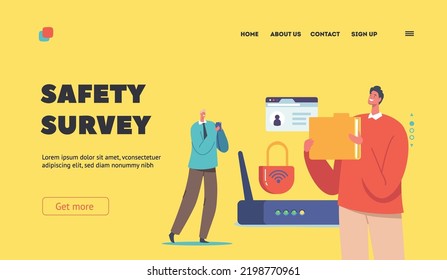 Data Protection, Safety Survey Landing Page Template. Male Characters with Folder and Smartphone near Wifi Router. Security or Privacy in Internet, Secure Account Access. Cartoon Vector Illustration