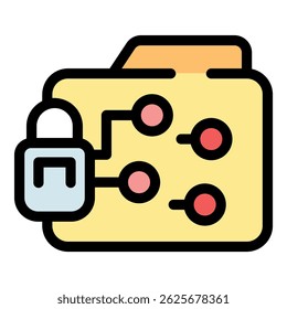 Data protection and secure folder sharing concept with connected nodes and locked folder, ensuring privacy and security