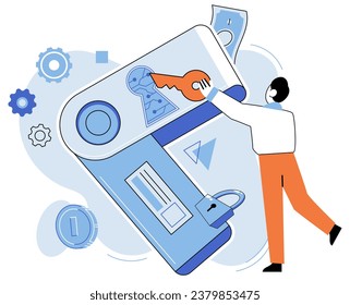 Data protection, secure safety technology, encryption, protection, privacy. Padlock and flash drive, lock with password. Personal information protection. Cyber security, protected access control