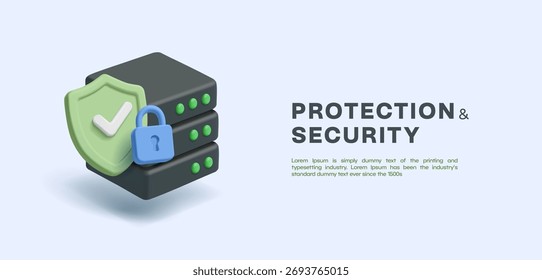 Data protection and security. 3D server, shield, check mark, lock. Storage and cyber security of personal data, information. Vector illustration.