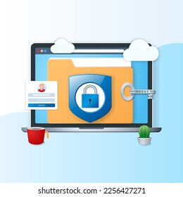 Datenschutz- und Sicherheitsbanner. Laptop mit Ordner und Schild Symbole auf dem Bildschirm. Konzept für den Datensicherheitszugriff. Web-Vektorgrafik im 3D-Stil