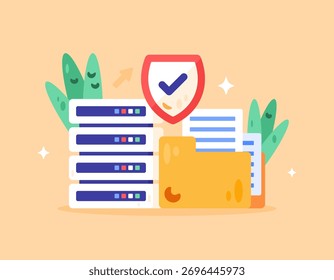 Data protection and security concepts. Server protection and safety technology, privacy and files. illustration of server device, shield, and document folder. Flat design style. Orange background.