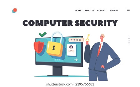 Data Protection, Security or Privacy in Internet Landing Page Template. Male Character Holding Key near Computer with Strong Password. Secure Account Access. Cartoon Vector Illustration