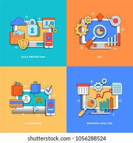 Data Protection, SEO, E- comerce, Business Analysis concepts for web page, banner, presentation. Set. Vector illustration