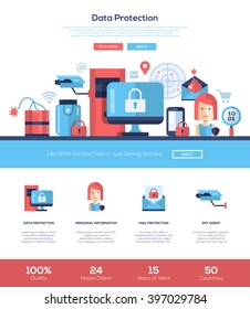 Data protection services one page website template layout with flat header, banner, icons and other design web elements