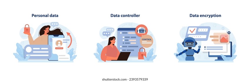 Data protection set. Secure personal information, vigilant oversight, and coded communication. Woman with padlock, oversight on data, robot ensuring encrypted messages. Flat vector illustration