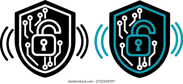 Datenschutzschild-Symbole mit Leiterplattenmustern. Professionelle Cyber-Sicherheit in solidem Schwarz und Duoton Blau