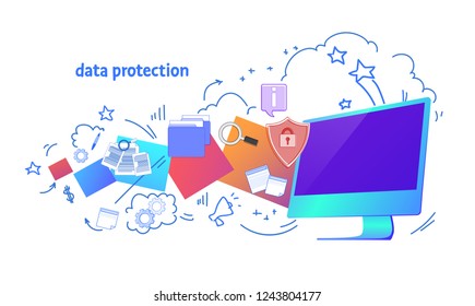 data protection shield padlock over synchronization computer General Data Protection Regulation GDPR security guard isolated horizontal vector illustration