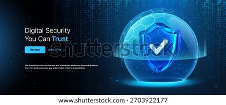 Data Protection Shield With Verified Checkmark Inside. Cybersecurity Shields For Maximum Protection. Cyber Security Vector Safety Shpere and Blue Shield on Dark Blue Technology Background.