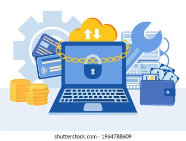 Data protection. Site safety. Internet security. The lock on the chains around the computer symbolizes the security of the Internet, the protection of user data. Vector illustration.