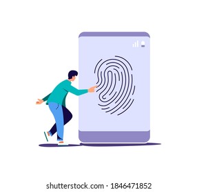 Data protection smartphone by fingerprint concept. Secure payment, personal information security. Flat Art Vector Illustration