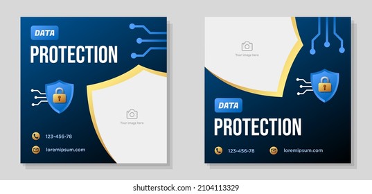 Data protection social media post banner set, internet security advertisement concept, browser safety abstract square ad, digital lock flyer leaflet concept, isolated.