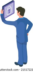 Data protection, software access data as confidential. Man stands holding button with lock. Denied access password protected, security internet information, safety network, confidential document