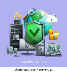 Data protection and storage concept with laptop computer and smartphone on violet background cartoon vector illustration 