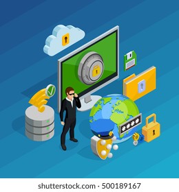 Data protection and storage concept with laptop computer and smartphone isometric vector illustration 