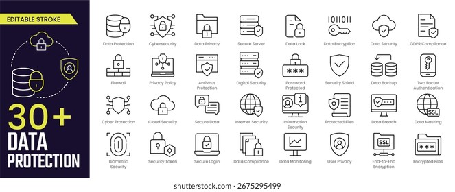 Data Protection-Strichsymbolsammlungen. Enthält Datenschutz, Cybersicherheit, Datenschutz, sichere Daten und Symbole für die digitale Sicherheit. Bearbeitbare Stroke-Symbol-Sammlung Gliederungssymbol