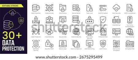 Data Protection Stroke icon collections. Containing data protection, cybersecurity, privacy, secure data and Digital Security icons. Editable Stroke icon collection Outline icon