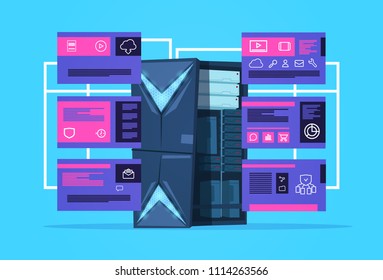 data protection support computing center with hosting servers infographic, network and database, internet center, communication support, flat design