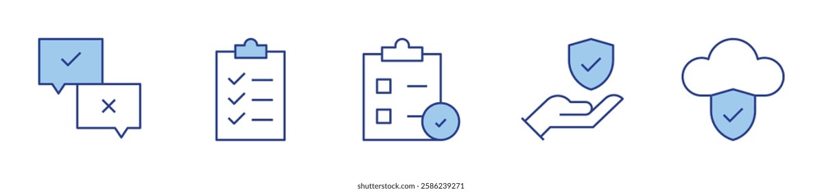 data protection, survey, checklist, clipboard, cloud data. Checkmark Icon vector illustration. Line Duotone style. Editable stroke.