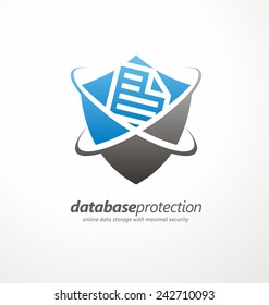 Data protection symbol concept. Social network security. Database and shield vector icon template.