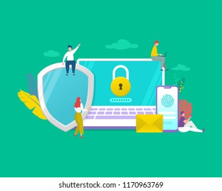 data protection system character concept, people protect their data on device vector illustration, can be use for, landing page, template, ui, web, mobile app, poster, banner, flyer