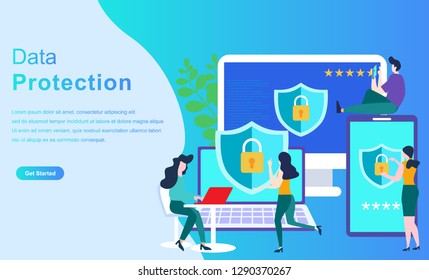 data protection system character concept, people protect their data on device vector illustration, can be use for, landing page, template, ui, web, mobile app, poster, banner, flyer - Vector