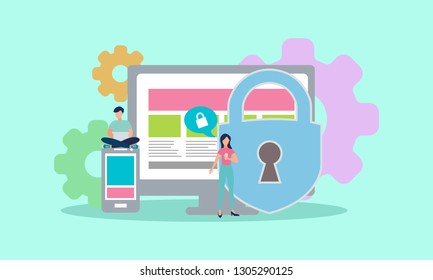 data protection system character concept, people protect their data on device vector illustration, can be use for, landing page, template, ui, web, mobile app, poster, banner, flyer - Vector