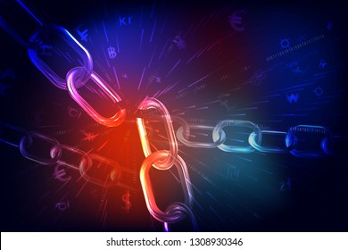 Data protection theme abstract image. Including broken chain and currency background. Vector Illustration, great for financial technology concepts.