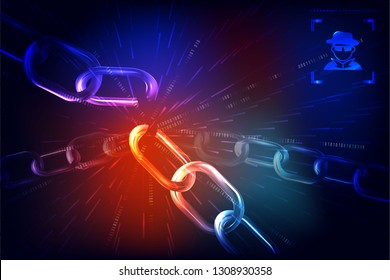 Data protection theme abstract image. Including broken chain, binary code background and hacker icon. Vector Illustration, great for technology concepts.
