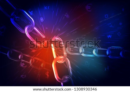 Data protection theme abstract image. Including broken chain and currency background. Vector Illustration, great for financial technology concepts.