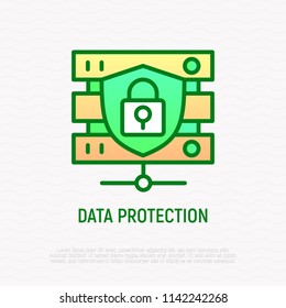 Data protection thin line icon: shield with lock on data server. Modern vector illustration.