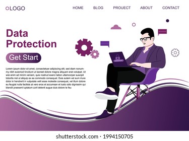 Data protection. vector art flat. website business .business man with laptop. meeting online. communication. work at home. freelancer. online course 